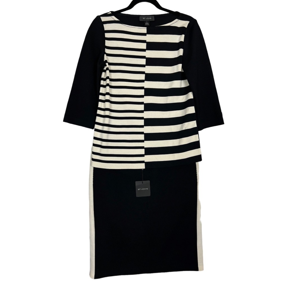 ST JOHN Two Piece Skirt Set in Black & Off White Size Petite Top 6 Skirt